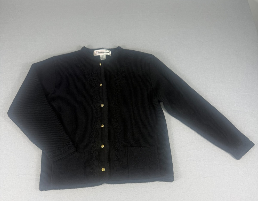 Vintage Crystal-Kobe Cardigan Sweater Womens M Black Knit Embroidered